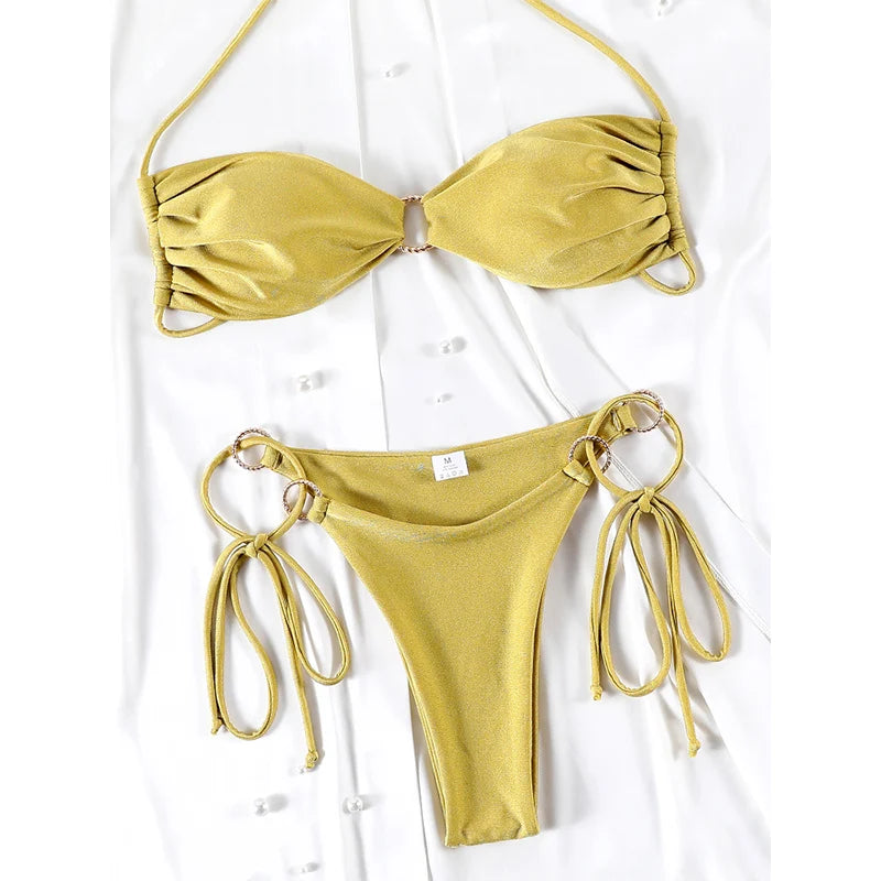 Halter Bikinis Sexy Swimsuit Women Solid Color Swimwear Hollow Out Bikini Set Two Piece Suit Summer Bathing Suits - Sun Studio