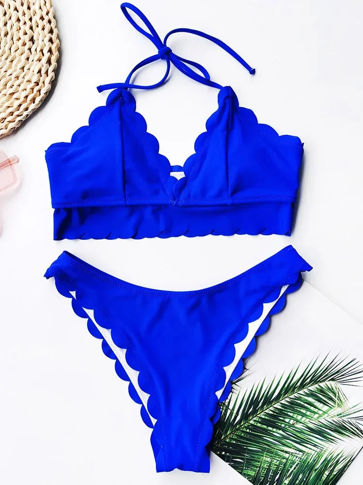 Sexy Scalloped Marble Print Bikini Women Bandeau Swimwear Female Swimsuit Two-pieces Bikini set Knotted Bather Bathing Suit Swim - Sun Studio