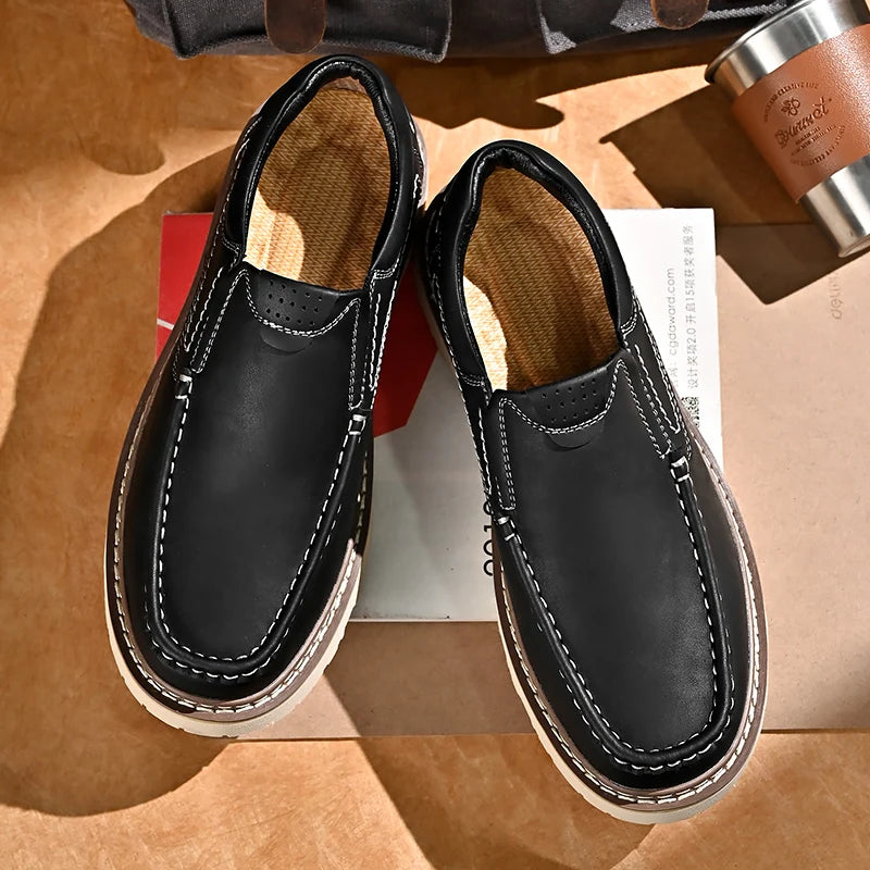 Trendy New Style Men's Genuine Leather Shoes Thick Soled Tooling Shoes Men's Oxford Shoes Lace Up Business Shoes Outdoor Loafers - Sun Studio