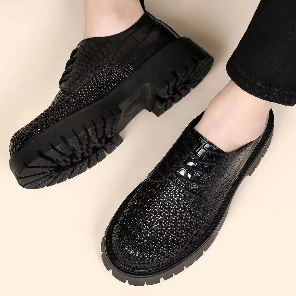 Spring leather woven leather wear-resistant thick-soled heightening casual men's first-layer cowhide breathable hollow shoes - Sun Studio
