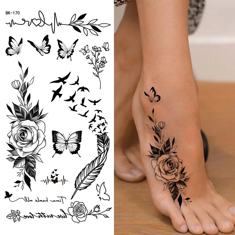Black White Temporary Transfer Tattoos Floral Butterfly Lettering Line Art Waterproof Body Stickers for Music Festival Party