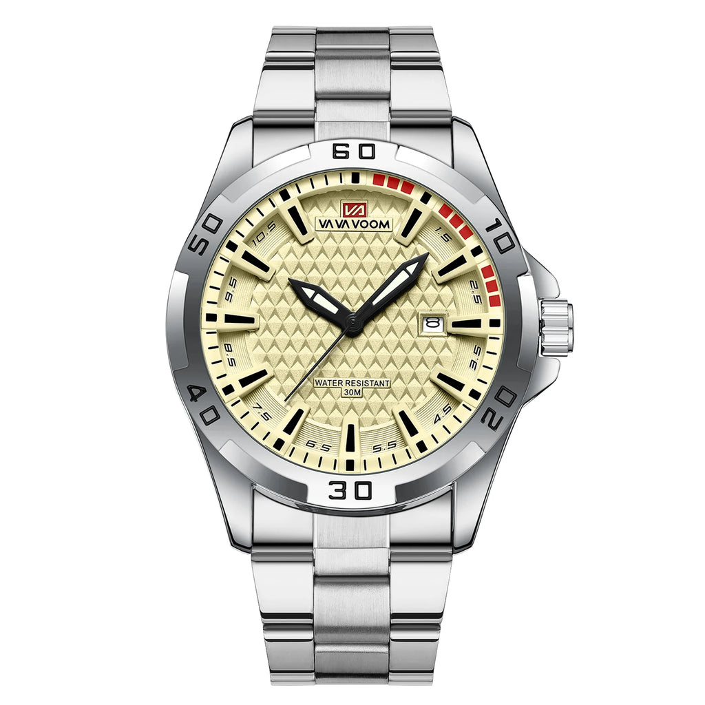 VA VA VOOM Mens Casual Sport Military Quartz Calendar Watches for Man Business Stainless Steel Waterproof Clock Relogio Masculin - Sun Studio