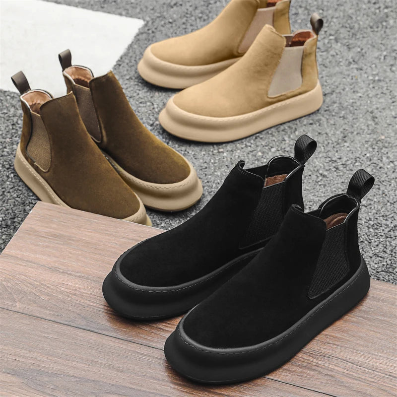 Fashion Brand Men Genuine Leather Mid Top Boots with British Style Autumn Winter Men Anti Slip and Wear-resistant Chelsea Boots - Sun Studio