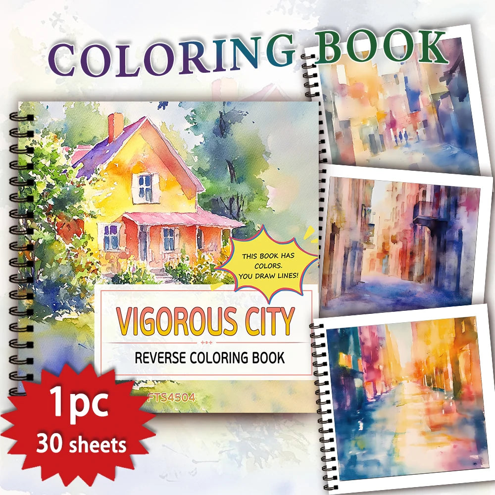 1pc Watercolor City Reverse Coloring Book,30 Thick Pages 100gsm,Creative Lines Activity,Perfect Gift for Family Friend Colleague - Sun Studio