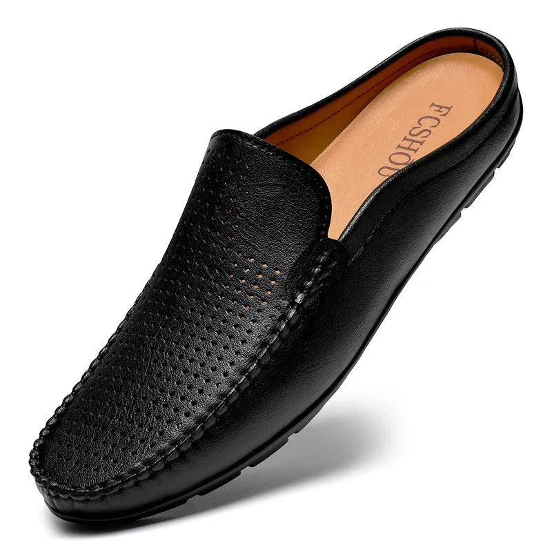 Half Shoes for Men Summer Mens Mules Perforated Leather Slippers Casual Slip-ons Loafers Flats Black Brown - Sun Studio