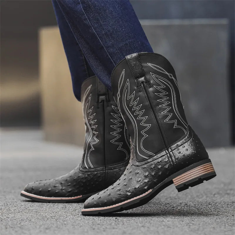 Men's Classic Retro Western Cowboy Boots Embossed Leather Mens Fashion Embroidery Mid-Calf Boot High top Casual Shoes for Men - Sun Studio