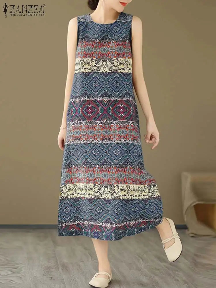 Women Bohemain Sleeveless Sundress ZANZEA Summer Printed Dress Vintage Beach Holiday Vestidos Casual O Neck Baggy Midi Dresses - Sun Studio