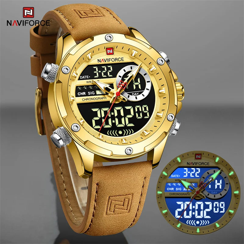 NAVIFORCE Luxury Original Watches For Men Casual Sport Chronograph Alarm Quartz WristWatch Leather Waterproof Digital Clock 9163 - Sun Studio