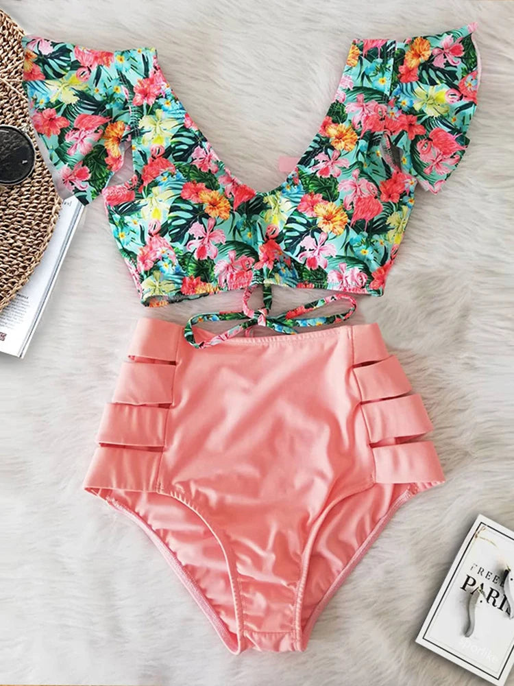 Floral Ruffled Hem Bikini Set Women Flora V-Neck High-Waisted Two Piece Swimsuit 2025 Girl Beach Bathing Suit Swimwear Biquinis - Sun Studio