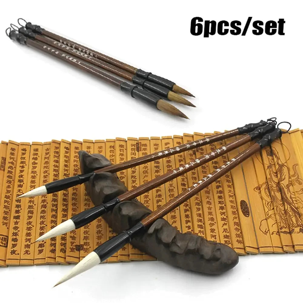 6pcs/set White Woolen Student Chinese Calligraphy Brush Pen Writing Brush Brown Weasel Hair - Sun Studio
