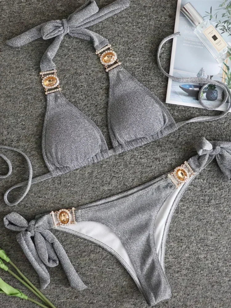Halter Rhinestone Diamond Bikini Women Swimsuit Female Bikinis Metal Chain Swimwear Two Pieces Bikini Set Bathing Suit Swim Lady - Sun Studio