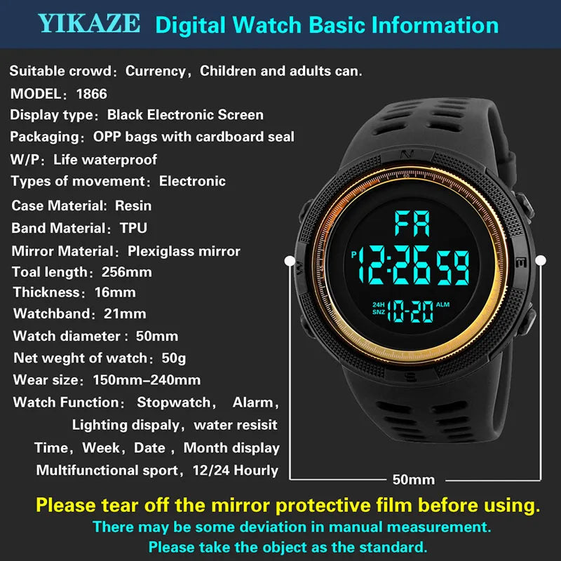 YIKAZE Men's Digital Electronic Watch Sports Glow 50mm Large Dial Student Outdoor Adventure Trend Multifunctional Watches Clock - Sun Studio