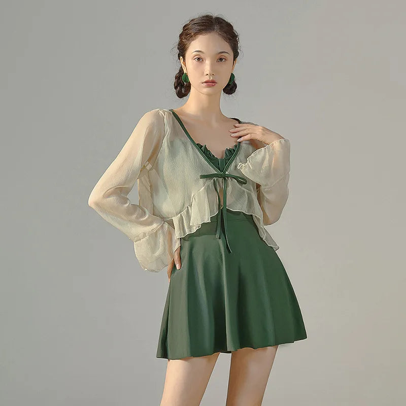 2025 New Swimsuit for Women Conservative Belly Covering and Slimming Hot Spring Super Fairy Cover Long Sleeves - Sun Studio