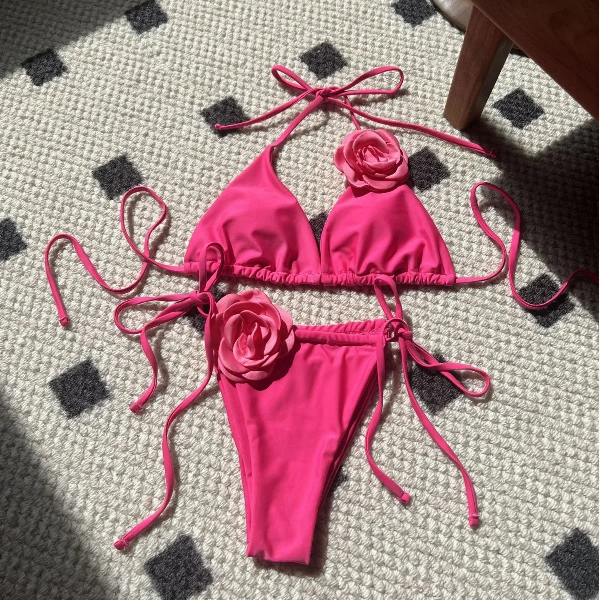 Sexy 3D Flower Black Triangle Bikinis Sets Micro Thong Swimsuit Women String Halter Bathing Suit Bikini 2025 Mujer Biquinis Swim - Sun Studio