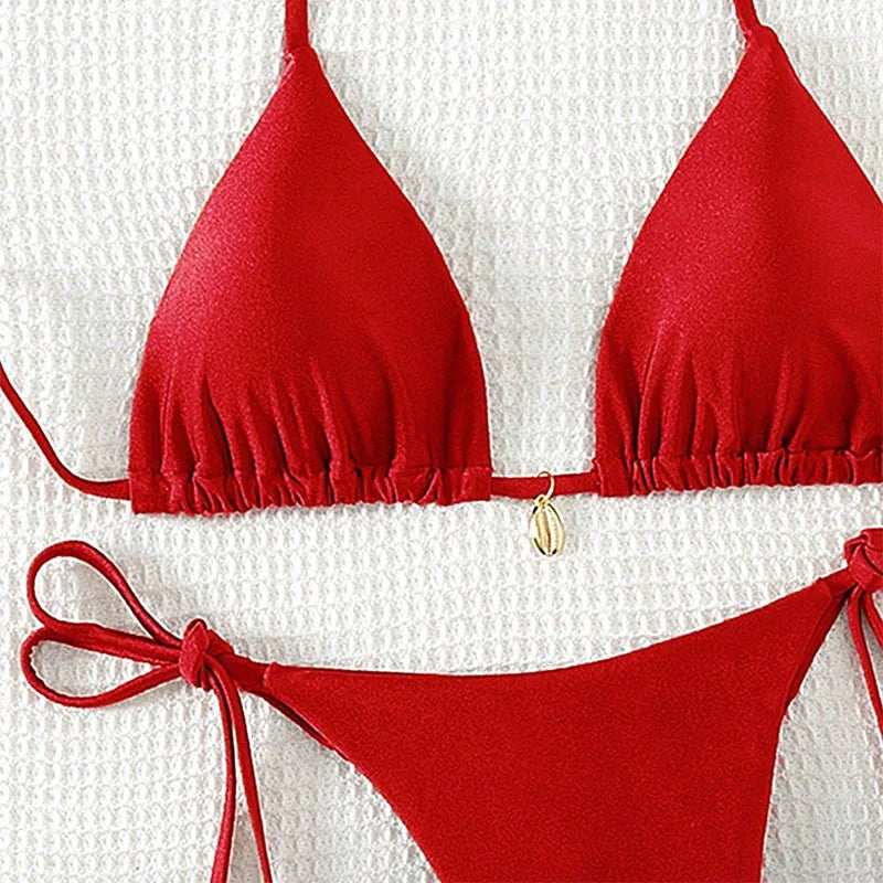 2 Pcs/Set Bikini Set Sexy Bikinis 2025 Bathing Suit Solid Color Halter Neck Strap Thong Women Swimsuit Set for Beach Swimwear - Sun Studio