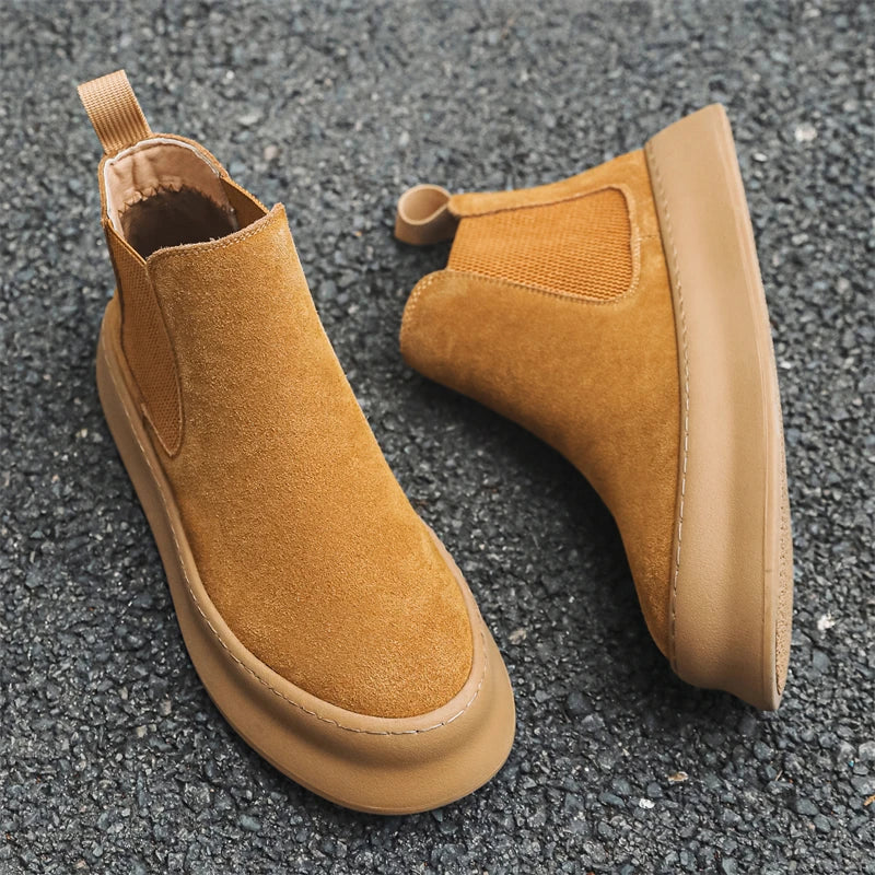 Fashion Brand Men Genuine Leather Mid Top Boots with British Style Autumn Winter Men Anti Slip and Wear-resistant Chelsea Boots - Sun Studio