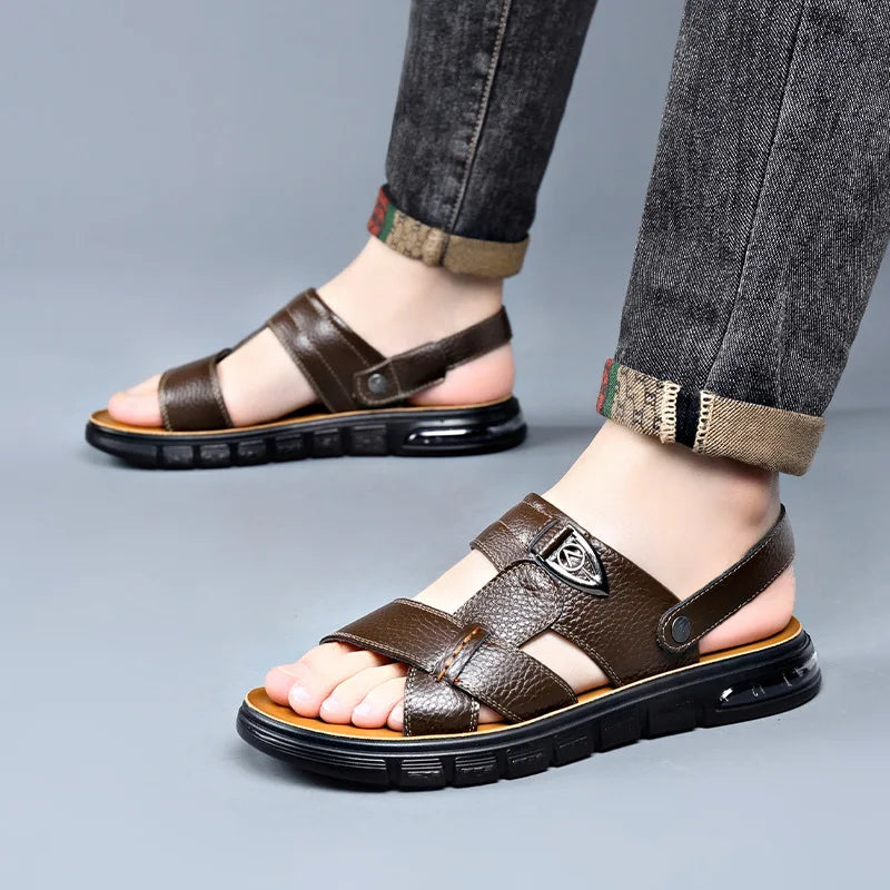 Big Size 49 50 Men's Sandals Summer Leather Shoes Man Slippers Non-slip Bottom Casual Business Beach Shoes for Men 2025 Summer - Sun Studio