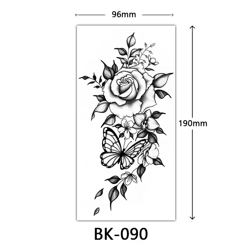 Rose Blossom Tattoo Temporary Waterproof Butterfly Fake Tattoo for Woman Black Flower Sketch Tattoo Sticker