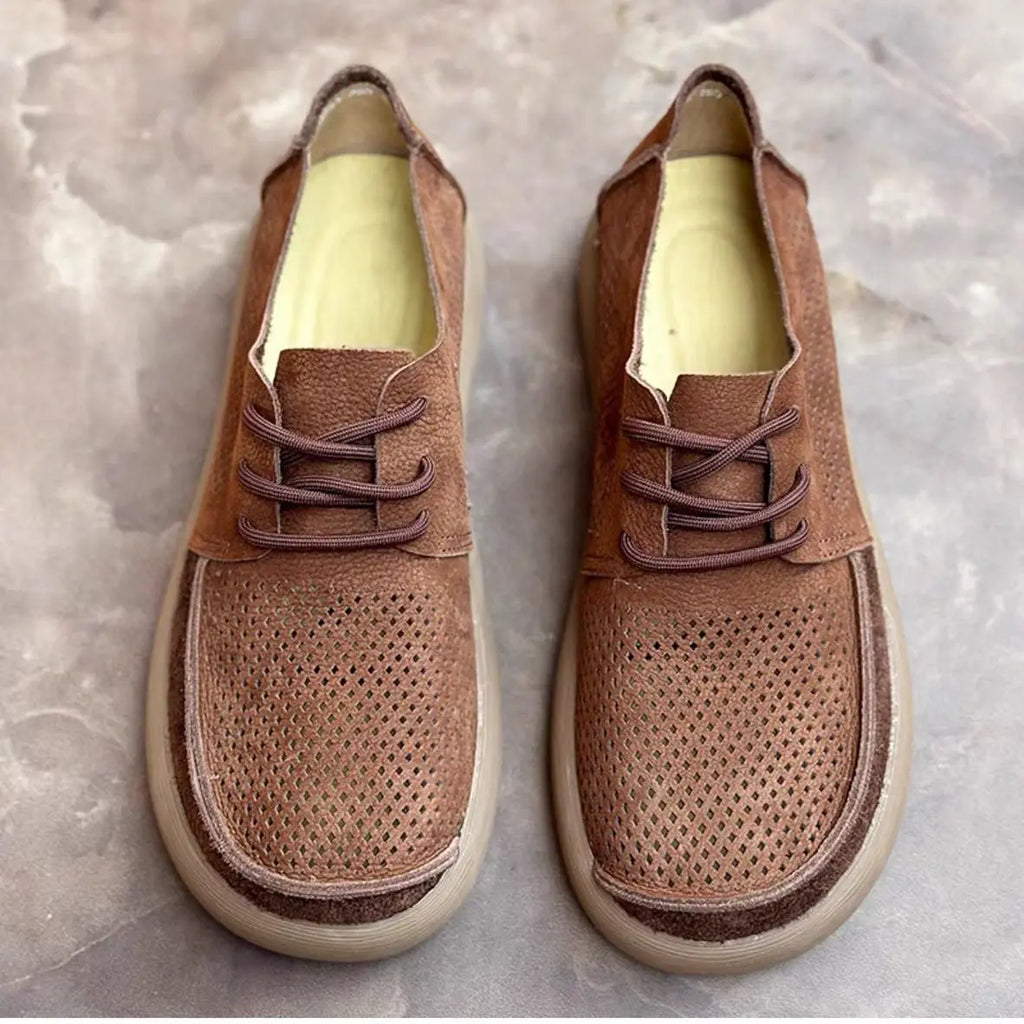 Wide toe hollow natural leather shoes men's 2025 summer new cowhide punched breathable soft leather soft sole singlecasual shoes - Sun Studio