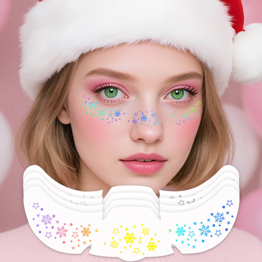 4pcs Christmas Face Tattoo Stickers Silver Laser Snowflake Stars Fake Freckles Temporary Tattoo Stickers for Party Festival - Sun Studio