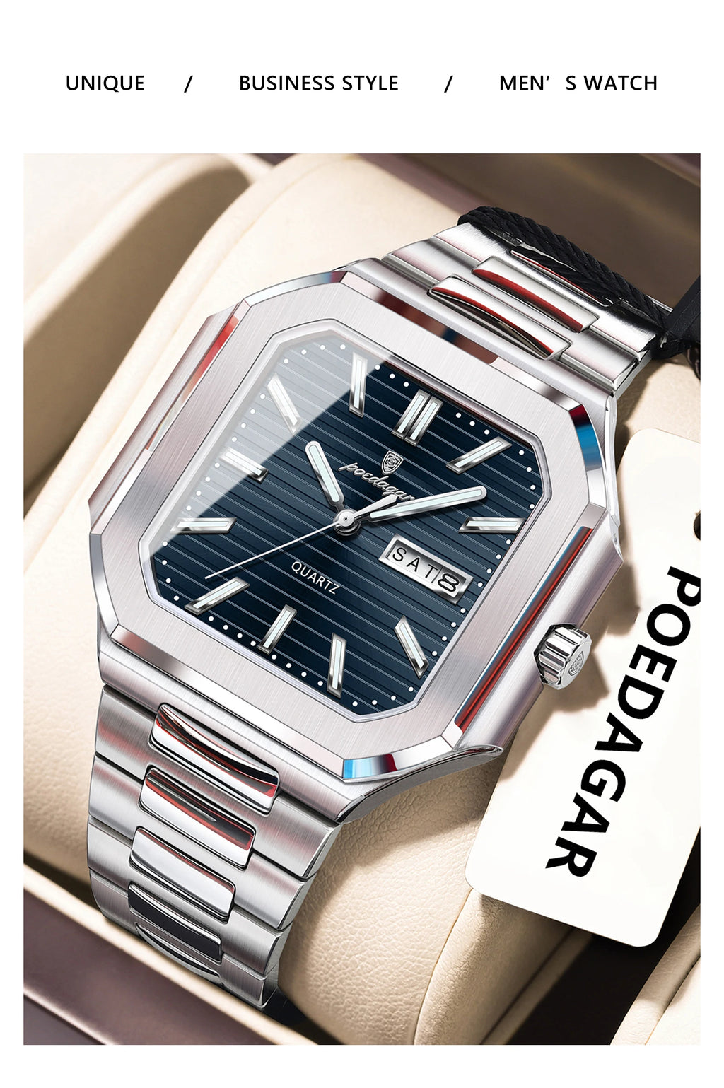 POEDAGAR Square Fashion Man Wristwatch Waterproof Luminous Date Week Quartz Men's Watches Stainless Steel Luxury Men Watch Reloj - Sun Studio