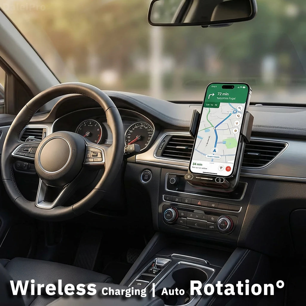 Car Phone Charger Phone Holder 15W Wireless & Wired Charger Auto Sensing One-Touch Release and Rotation Qi FCC ROHS Certified - Sun Studio