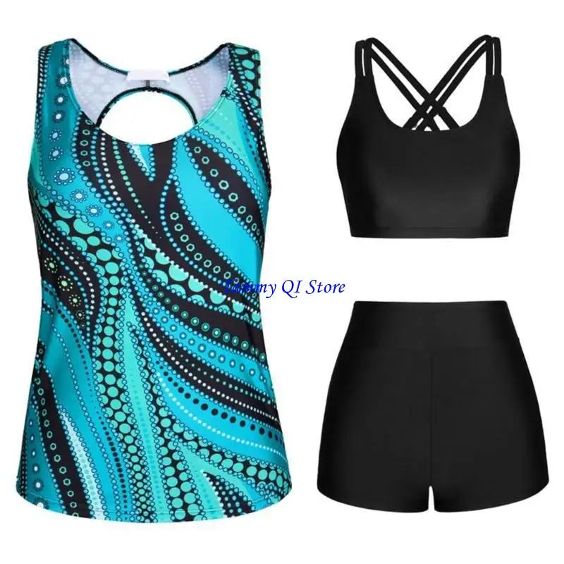 F1FD Women Flowers Print Bathing Suit 3 Pcs Split Swimwear Tankini Swimsuit Swimming Costume Set Ladies Sports Swimwear - Sun Studio