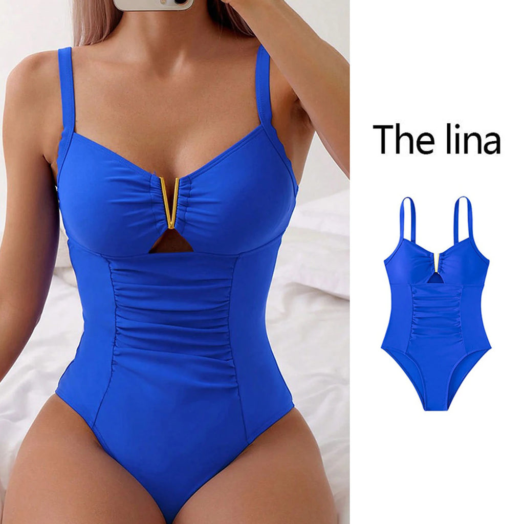 V-neck One-piece Bikini Stylish V-neck One-piece Swimsuit for Women Pleated Monokini Beachwear with Quick-drying Fabric Solid - Sun Studio