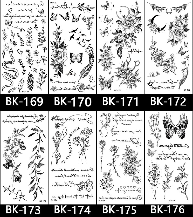 Black White Temporary Transfer Tattoos Floral Butterfly Lettering Line Art Waterproof Body Stickers for Music Festival Party - Sun Studio