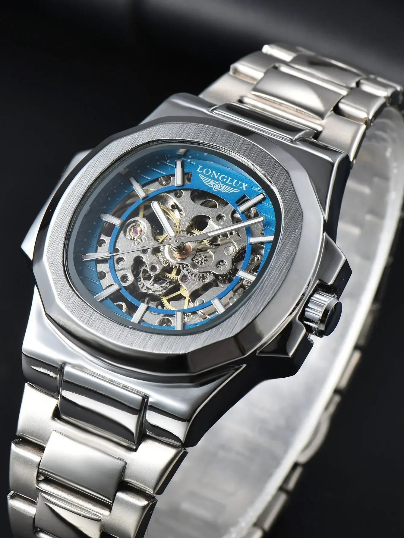 LONGLUX Men automatic mechanical watch luxury watches waterproof skeleton business cheap wholesale stainless steel gift watch - Sun Studio