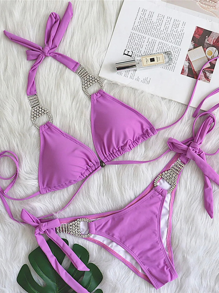 Halter Rhinestone Diamond Bikini Women Swimsuit Female Bikinis Metal Chain Swimwear Two Pieces Bikini Set Bathing Suit Swim Lady