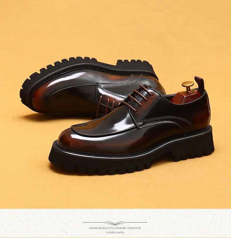 designer men's leather shoes with thick soles round toe glossy leather business dress shoes Waxed cowhide lace up British shoes - Sun Studio