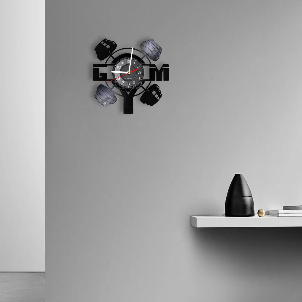 Fitness Equipment Theme Vinyl Record Fitness Wall Clock Home Decoration LED Backlight Modern Fitness Watch - Sun Studio