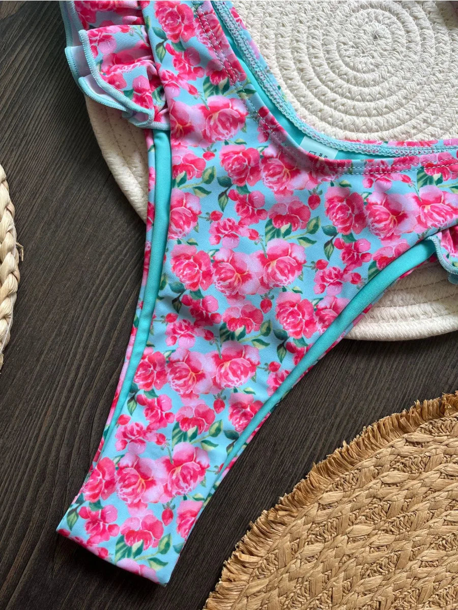 Bikini Set Women's Ruffle Flower Print Sexy 2 Pieces Swimsuit Triangle Strapless Backless Thong Beach Bathing Suit 2025 New - Sun Studio