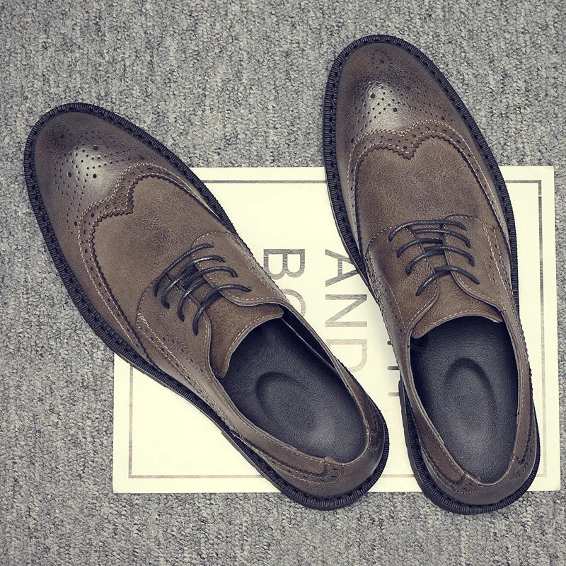 Handmade Mens Wingtip Oxford Shoes Grey Leather Brogue Men's Dress Shoes Classic Business Formal Shoes for Men 56 - Sun Studio