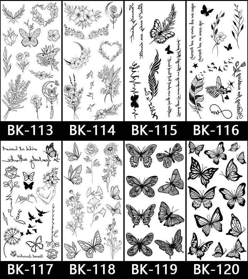 Black White Temporary Transfer Tattoos Floral Butterfly Lettering Line Art Waterproof Body Stickers for Music Festival Party - Sun Studio