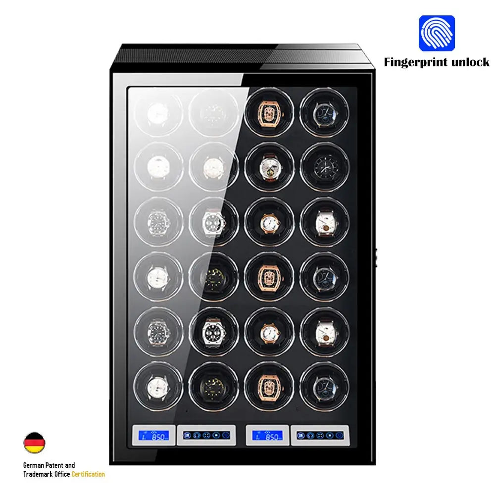 Luxury Automatic Watch Winder12 24 30 Slot Wood Mechanical Watch Box Fingerprint Unlock Quiet Mabuchi Motor Watches Storage Safe - Sun Studio