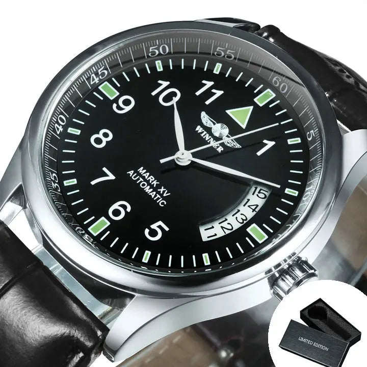 WINNER Business Automatic Watch for Men Fashion Calendar Window Black Dial Casual Leather Strap Luxury Brand Mechanical Watches - Sun Studio
