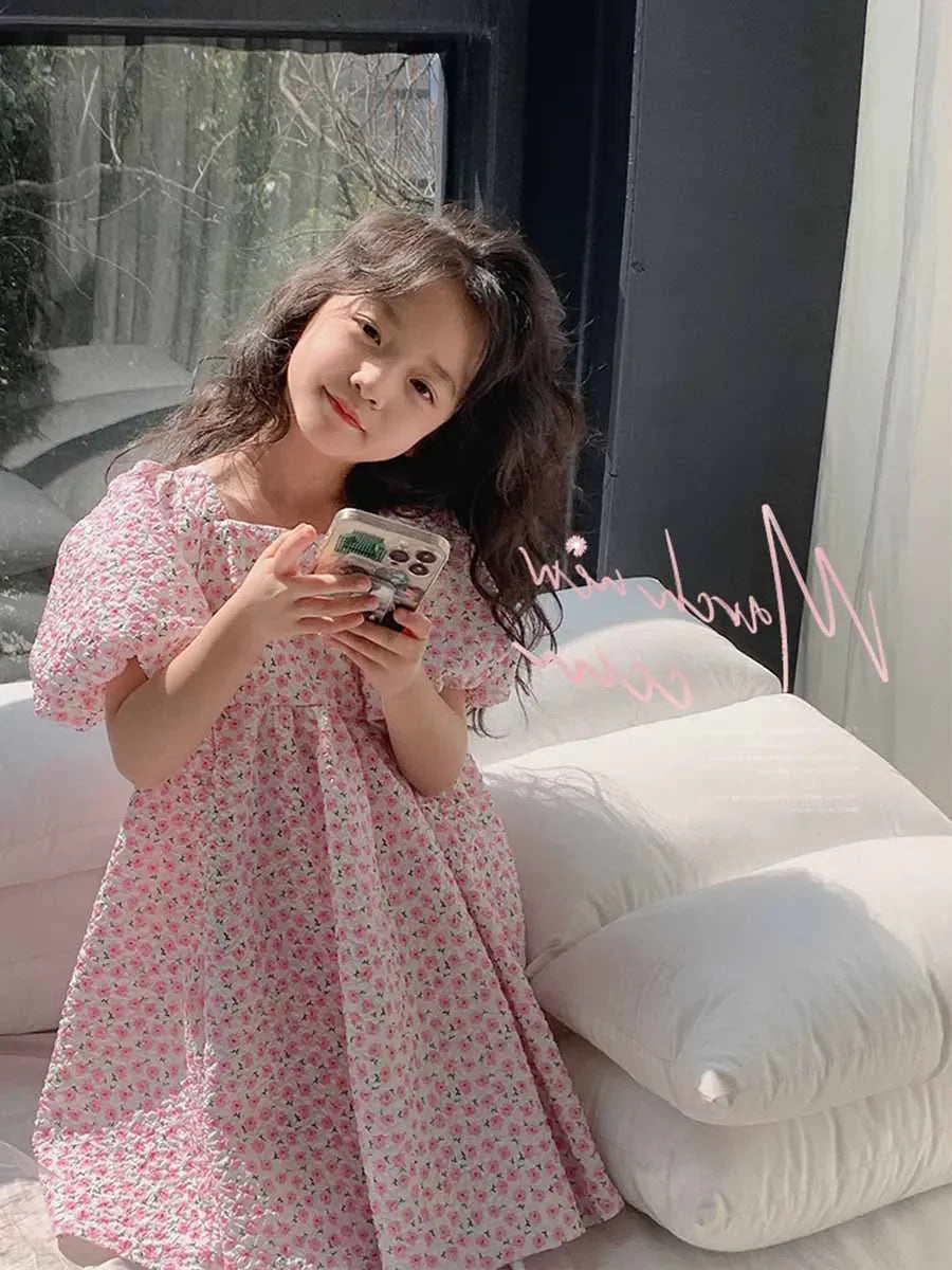 Girls Casual Dresses Floral Print Puffy Sleeves Dress Flower Girl Dresses Square Collar Clothes for Kids 3 To 7 Years - Sun Studio