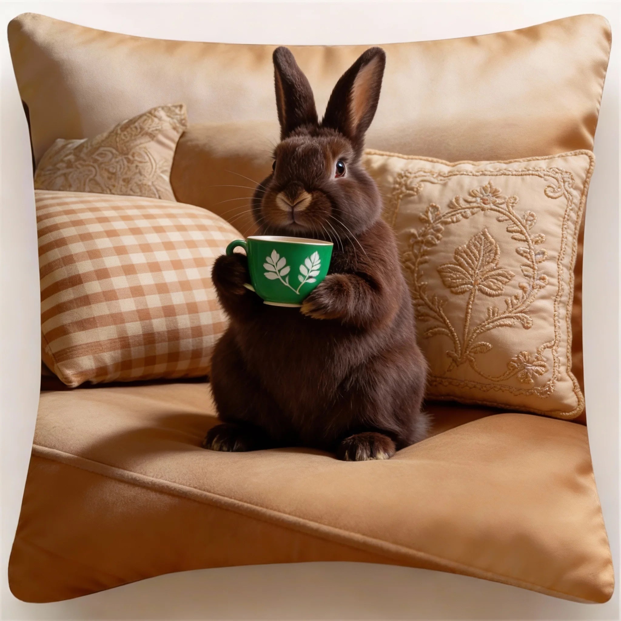Adorable Bunny with Coffee Cup Print Pillowcase - Home Decor, Perfect for Living Room and Bedroom, Ideal Gift for Animal Lovers - Sun Studio