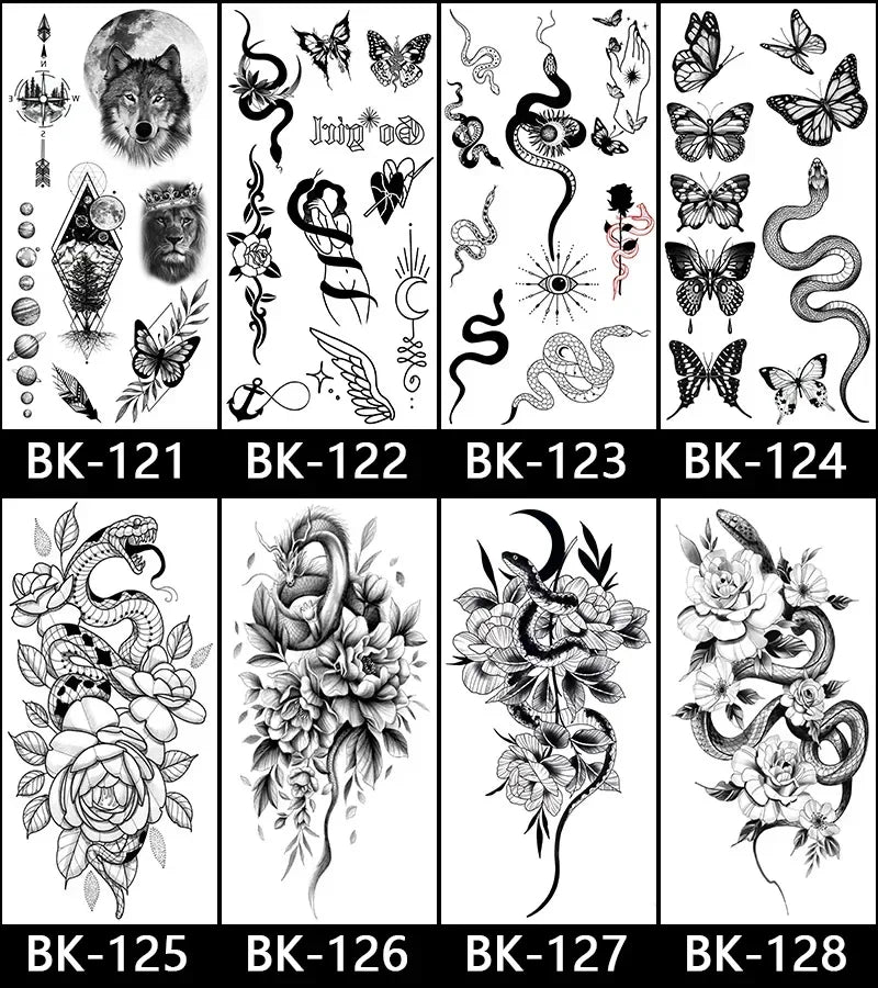 Rose Blossom Tattoo Temporary Waterproof Butterfly Fake Tattoo for Woman Black Flower Sketch Tattoo Sticker - Sun Studio