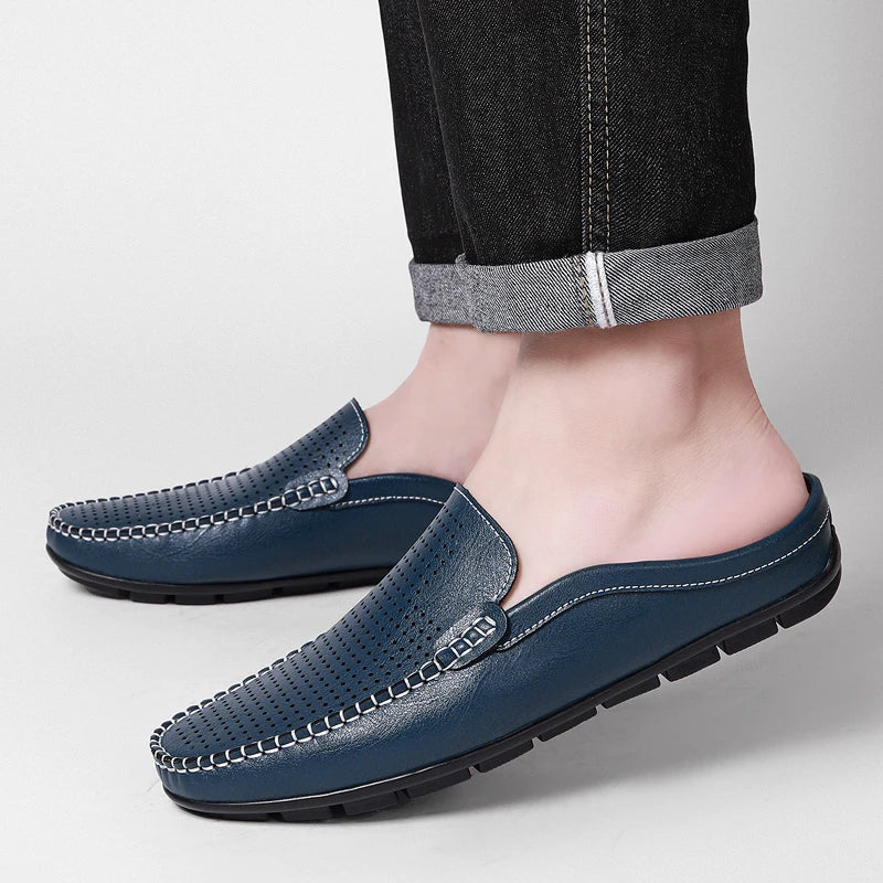 Half Shoes for Men Summer Mens Mules Perforated Leather Slippers Casual Slip-ons Loafers Flats Black Brown - Sun Studio