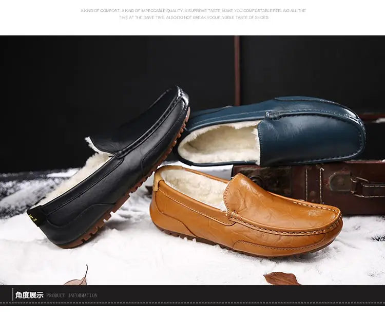 Winter Fur Loafers Men Casual Shoes Cotton Leather Dress Shoes Slip-on Flats Plush Man Moccasins Fleece Lined Driving Shoes