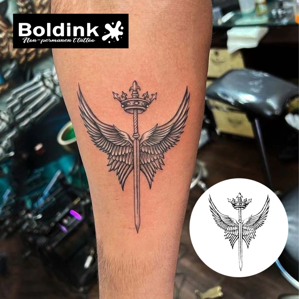 Boldink Crowned Sword with Wings Temporary Tattoo,Lasts To 15 Days New Technology Magic Waterproof Semi Permanent Sticker. - Sun Studio