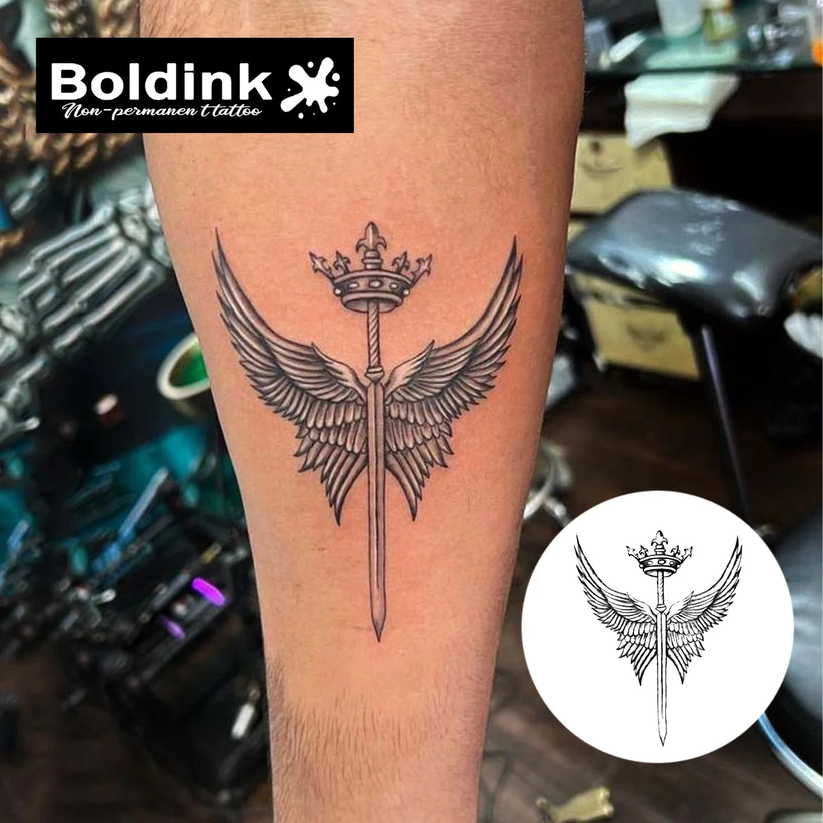 Boldink Crowned Sword with Wings Temporary Tattoo,Lasts To 15 Days New Technology Magic Waterproof Semi Permanent Sticker. - Sun Studio