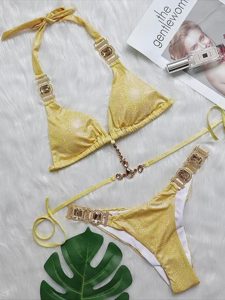 Halter Rhinestone Diamond Bikini Women Swimsuit Female Bikinis Metal Chain Swimwear Two Pieces Bikini Set Bathing Suit Swim Lady - Sun Studio