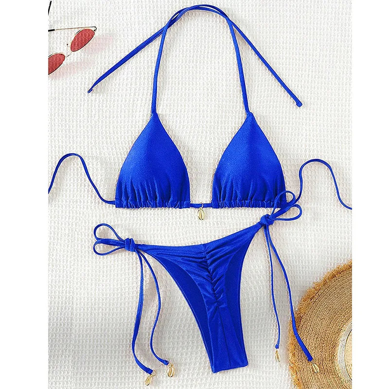 2 Pcs/Set Bikini Set Sexy Bikinis 2025 Bathing Suit Solid Color Halter Neck Strap Thong Women Swimsuit Set for Beach Swimwear - Sun Studio