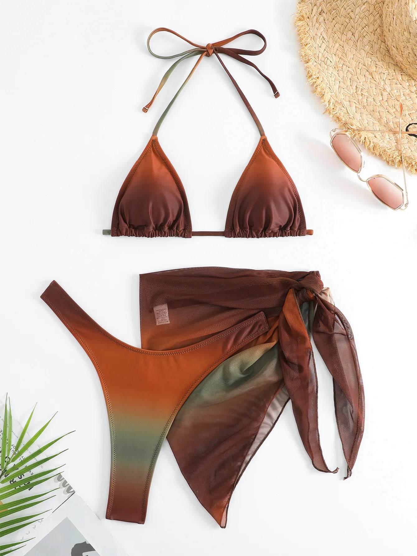 Sexy Brown Gradient Bikini 2024 Swimwear Women Halter Push Up Bra Mesh Skirt 3 Piece Swimsuit Bathing Suit Cover Up Bikinis Sets - Sun Studio