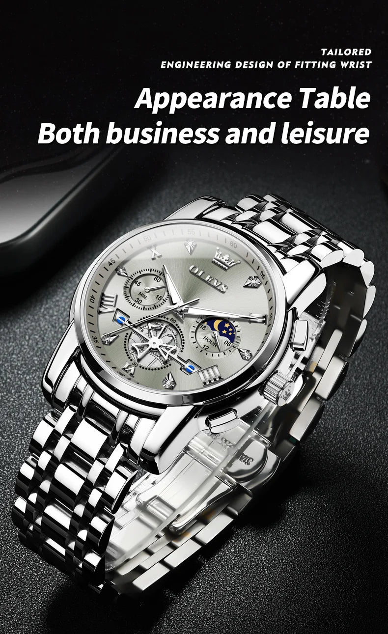 OLEVS Men's Watches Classic Multifunctional Flywheel Design Stainless steel Waterproof Moon Phase Men's Wristwatches 2024 Trend - Sun Studio