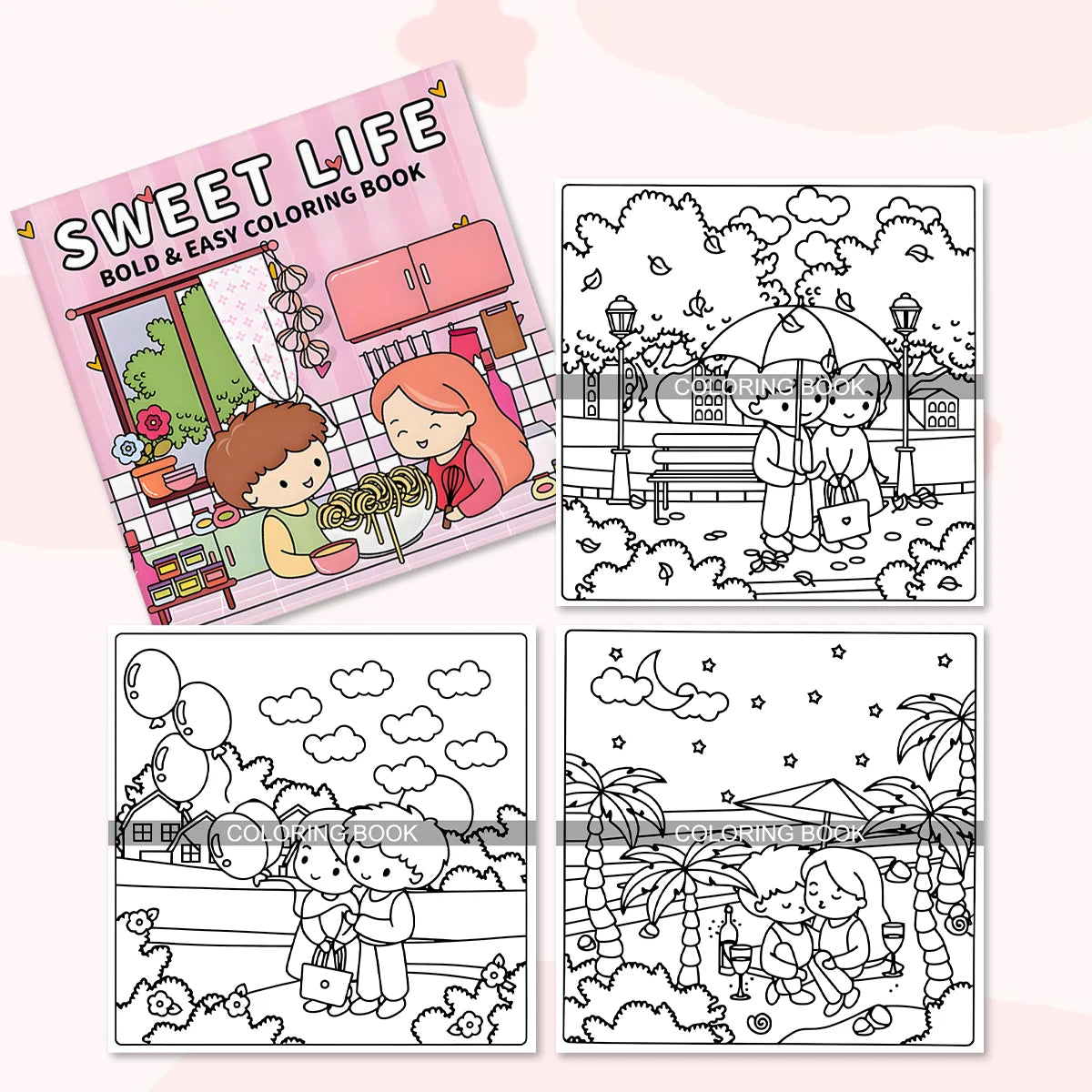 Deluxe Couples Coloring Book for Adults - 24 Thick Pages, 7.8x7.8 Inch, Unique Original Designs for Relaxation and Sweet Moments - Sun Studio